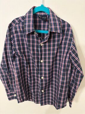 Nautica Boys Navy Plaid Button-Down Shirt with Red & White Stripes